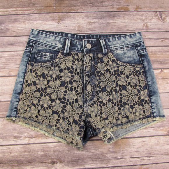 Hart Denim Pants - Hart Denim Mini Jean Shorts Size 28 Acid Wash High Rise Floral Lace Overlay Raw